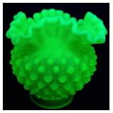 Fenton Green Uranium Glass Hobnail Vase 4 & 1/2'H