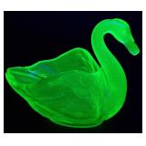 Fenton Green Uranium Glass Swan Dish 4' H