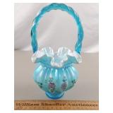 Fenton Blue Iridescent Glass Basket HP Signed 9"H