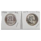 1956 & 1957 BU Franklin Silver Half Dollars