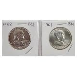 1958 & 1961 BU Franklin Silver Half Dollars