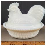Milk Glass Hen on Nest Candy Dish4 & 1/2" H