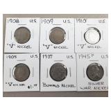 1937 Buffalo Nickle, V Nickels, 1945 Wartime