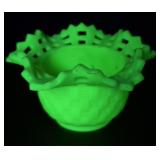 Fenton Glass Basket Weave Uranium Bowl 4 & 1/4' H
