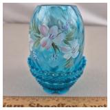 Fenton Blue Glass Candle Lamp Signed 4 & 1/2' H
