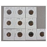 10ct Wheat Pennies w/ Mint Marks