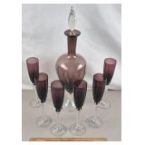 Purple Glass Decanter w/ Goblets Stopper Chipped