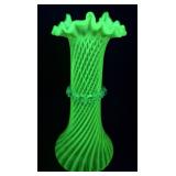 Spiral Optic Uranium Glass Vase 7 & 3/4' H