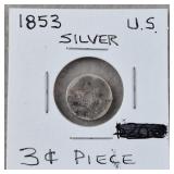 1853 US Silver 3 Cent Piece
