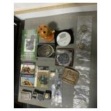 John Deere dealer belt buckles, pins, cards