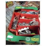5 red plastic bins with assorted hardware