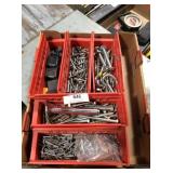 5 red plastic bins with assorted hardware