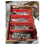 4 red plastic bins with assorted hardware
