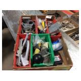 5 plastic bins with assorted shop items