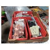 3 red plastic bins with assorted hardware