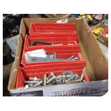 4 red plastic bins with assorted hardware