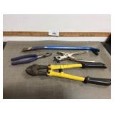Bolt cutters, pry bar, belt punch