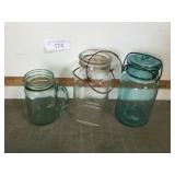2 vintage canning jars w/wire bail,green glass mug