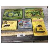 2 JD signs, 2 tractor playing cards & Matchbox