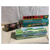 BP toy race car carrier, Silverado toy tanker and