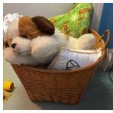 Large basket, throws, pillow, dog