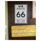 Wood Coke Sign & Metal Route 66 Sign