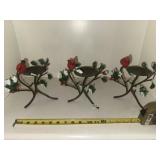 (3) Metal Cardinal & Holly Candle Stands