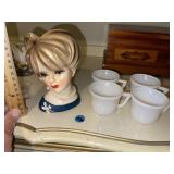 Vintage Porcelain Head Vase (Peeling ) + 4 Sm Cups