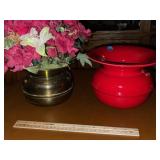 Vintage Glazed Ceramic & Brass Spitoon Cuspidors