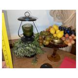 Vintage Amber Pedestal Center Bowl  + Metal Candle