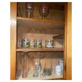 Pink Vase & Misc Glass in Cabinet