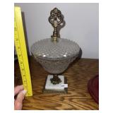 Center Piece Covered Dish W/ Marble Brass Pedestal