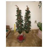 Pr of Holly Topiaries + Center Bowl