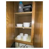 Sm White Corning Dishes & Misc in Cabinet