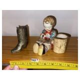 Vintage Metal Boot &  Porcelain Pencil Holder