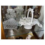 Basket ~ Footed Dish & Decor on 2 Shelves