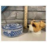 Blue & Shite Covered Trinket Box + Mugs