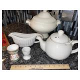 White China Teapot ~ Covered Dish & Egg Cups Grp