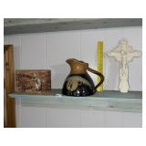 Glazed Pottery Pitcher ~ Nut House Sign & Cross