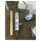 Blue & White Rolling Pin & Egg on Pedestal