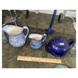 2 Blue Pitchers & Tea Pot