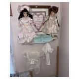 Porcelain Dolls ~ Shelf & Doll Clothes Group