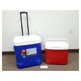 2 Igloo Coolers - Wheeled Blue Cube & Red (No Ship