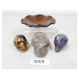 Polished Stone Skulls & Alien + Art Glass Dish