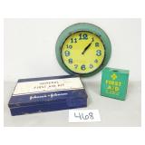 Vintage First Aid Kits and Wall Clock (No Ship)