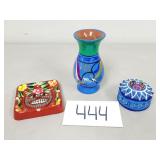 Mexican Folk Art Vase, Ashtray and Trinket Box