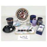 Signed Art Pottery + Plates, Tea Infuser (No Ship)