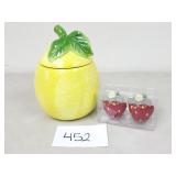 Lemon Cookie Jar and Strawberry Shakers (No Ship)