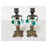 Vintage Metal & Glass Prism Candlestick Holders