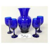 Cobalt Blue Glass Goblets and Vase (No Ship)